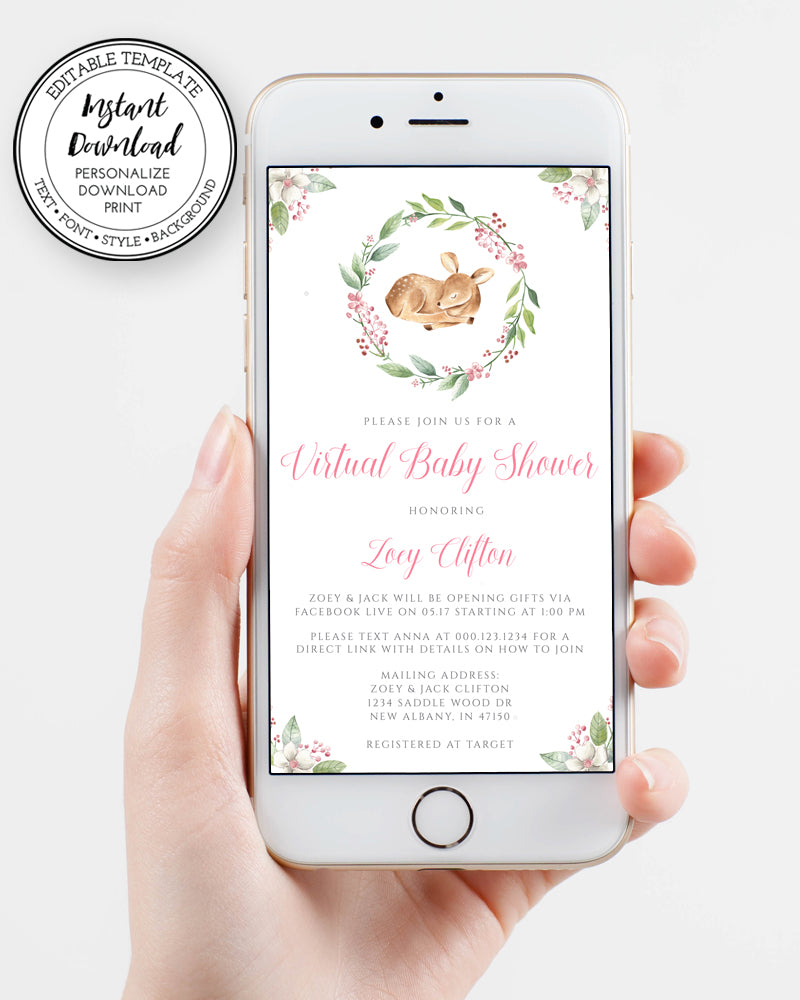 I phone, Deer Baby Shower Invitation, Editable Template, Virtual Baby Shower, Social Distancing Shower, Long Distance Shower, Instant Download