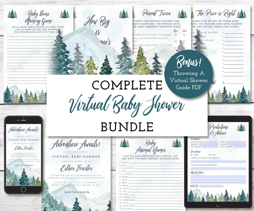 Adventure Awaits Virtual Baby Shower Kit, Online Baby Shower Bundle, Gender Neutral Baby Shower