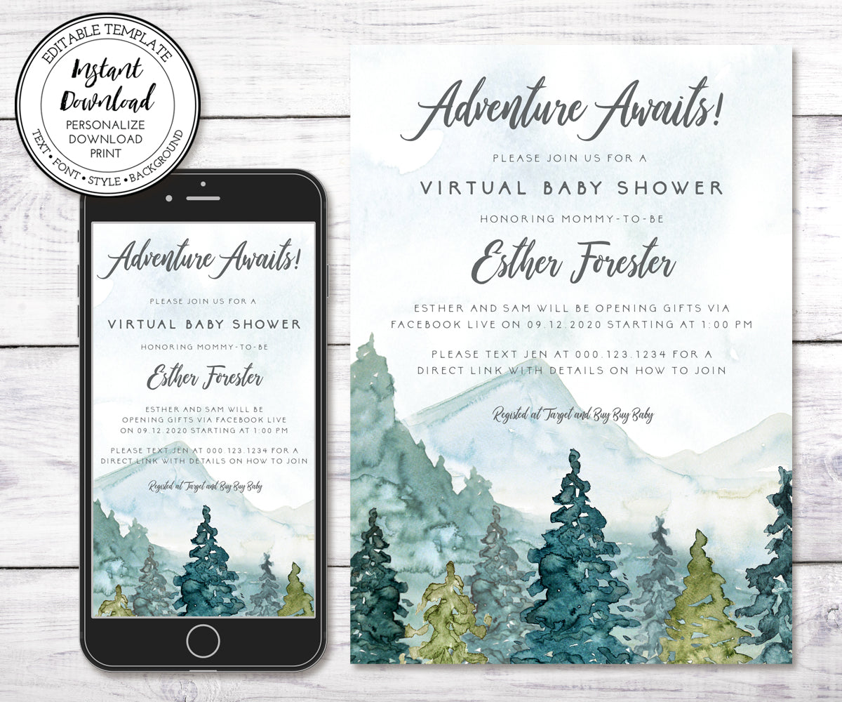 Adventure Awaits, Mountains & Trees Virtual Baby shower editable templates