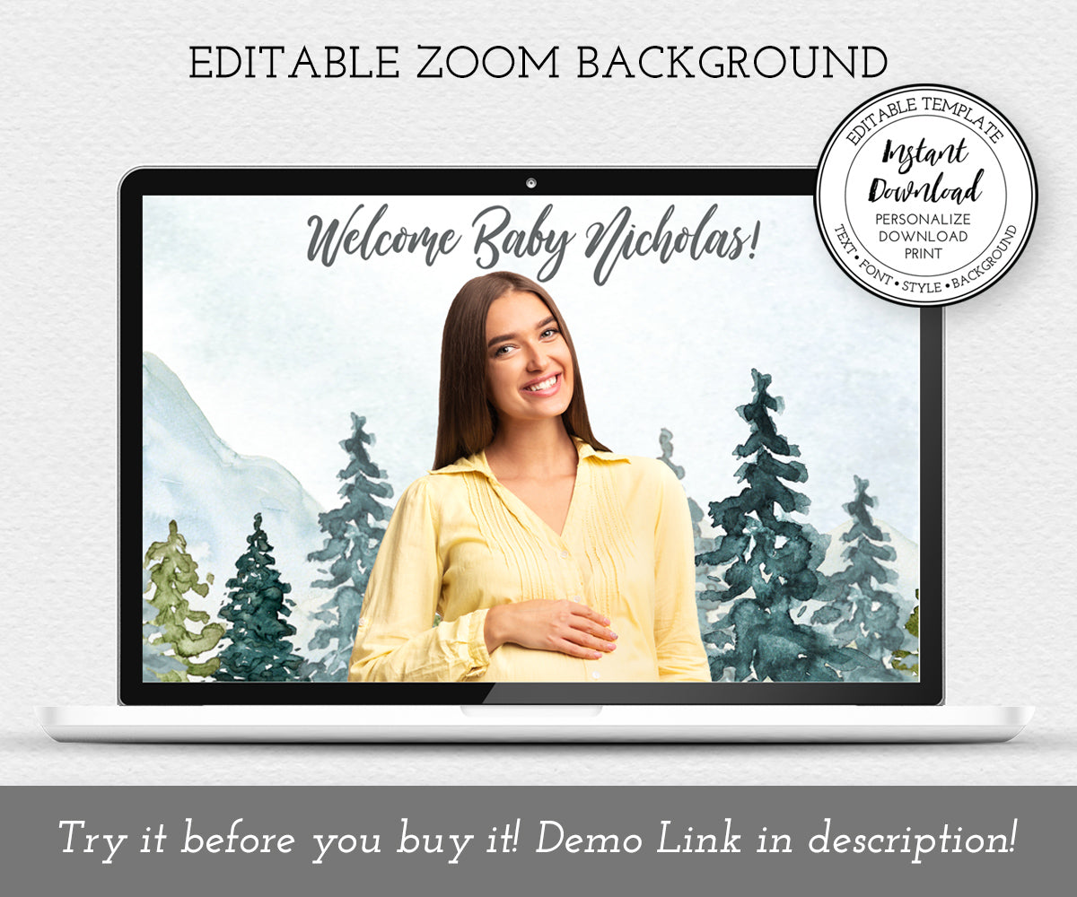 Adventure Mountains Trees Virtual Baby Shower Zoom Background 