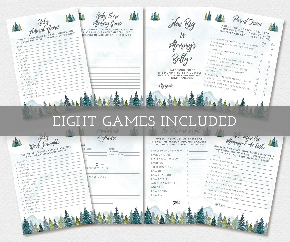 Adventure Mountains Trees, Baby Shower game set