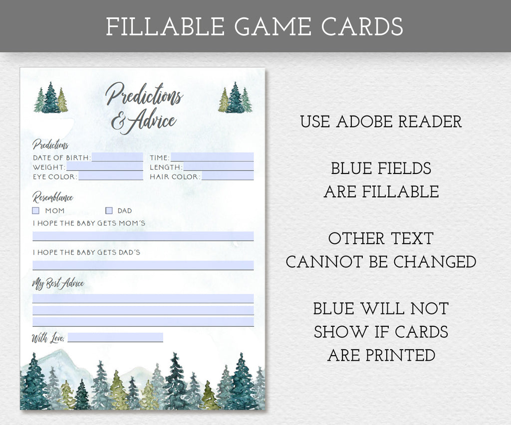 Adventure Mountains & Tree, Fillable Baby Shower game cards