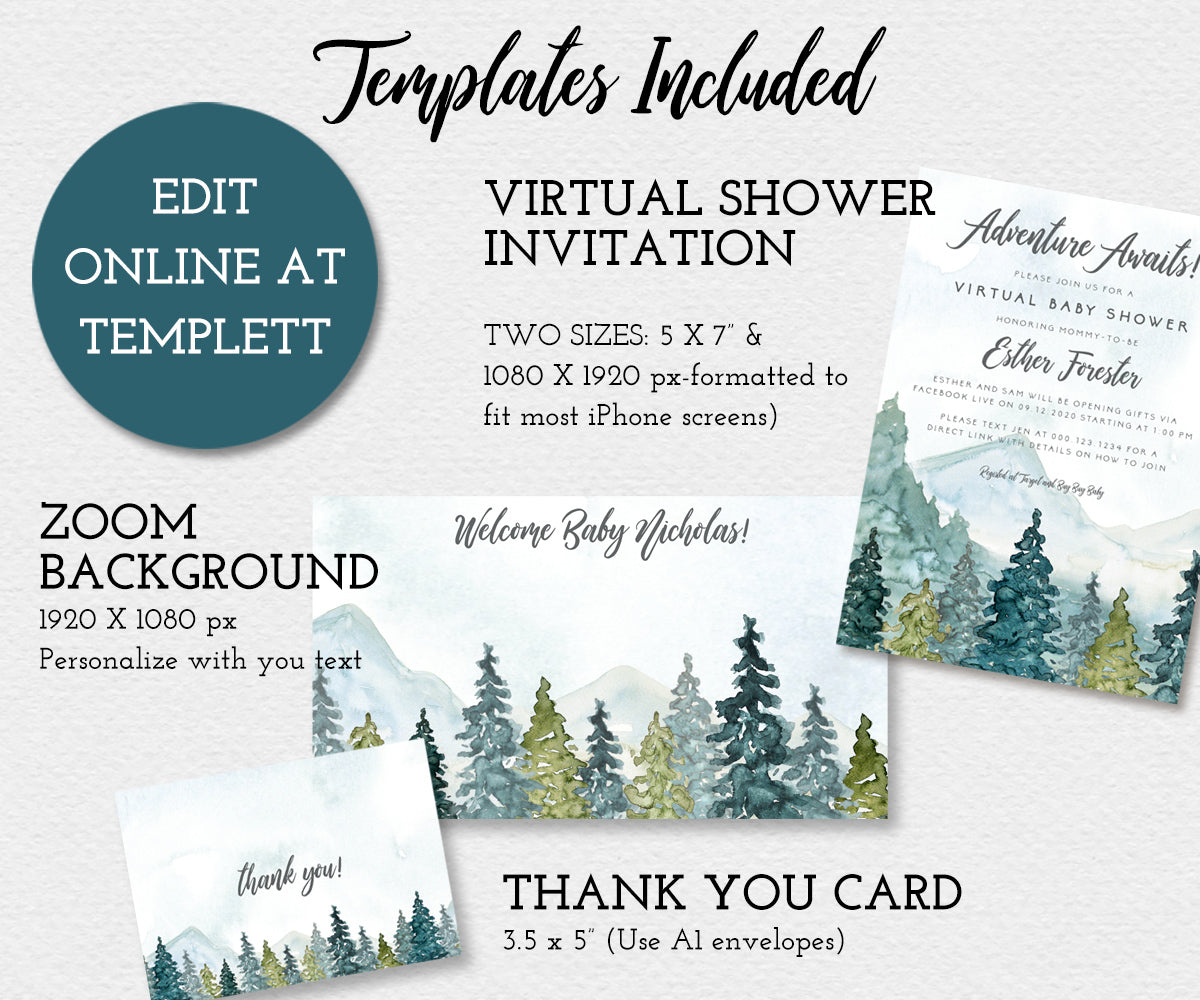 Adventure Mountains & Trees, Virtual Baby Shower Templates, Virtual Shower Invitations, Zoom Background, Thank You Card Templates