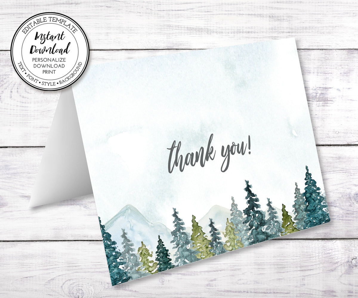 Mountains and Trees Thank You Note Card Editable template