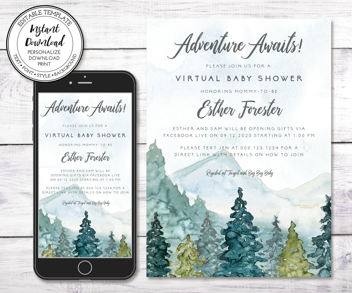 Adventure Virtual Baby Shower Invitation, Editable Template, Mountains Baby Shower, Long Distance Shower, Email Shower Invitation.