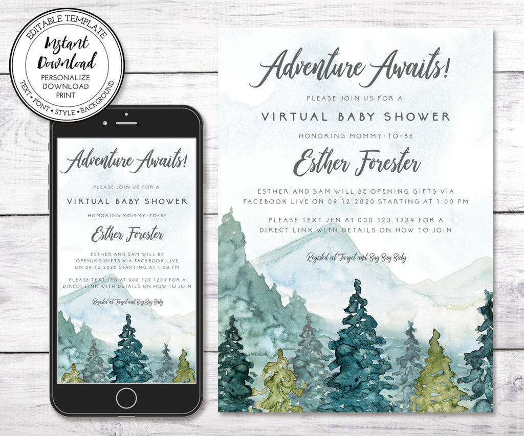 Adventure Virtual Baby Shower Invitation, Editable Template, Mountains Baby Shower, Long Distance Shower, Email Shower Invitation