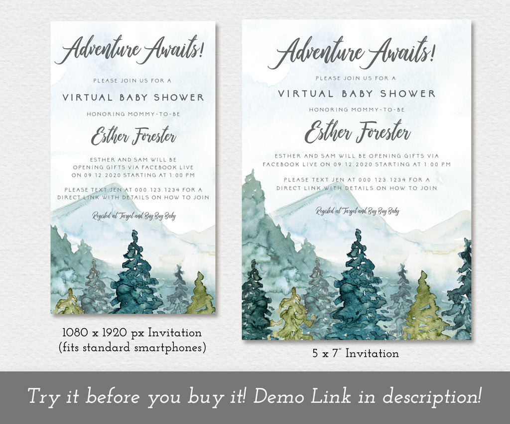 Adventure Virtual Baby Shower Invitation, Editable Template, Mountains Baby Shower, Long Distance Shower, Email Shower Invitation, Two sizes