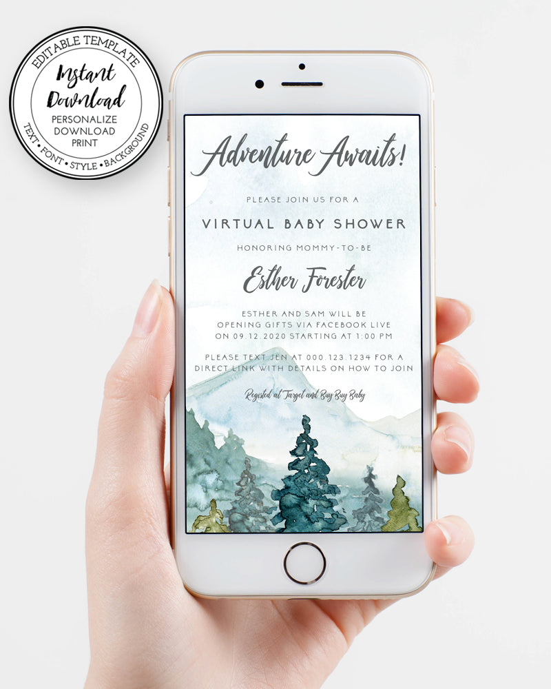Iphone Adventure Virtual Baby Shower Invitation, Editable Template, Mountains Baby Shower, Long Distance Shower, Email Shower Invitation