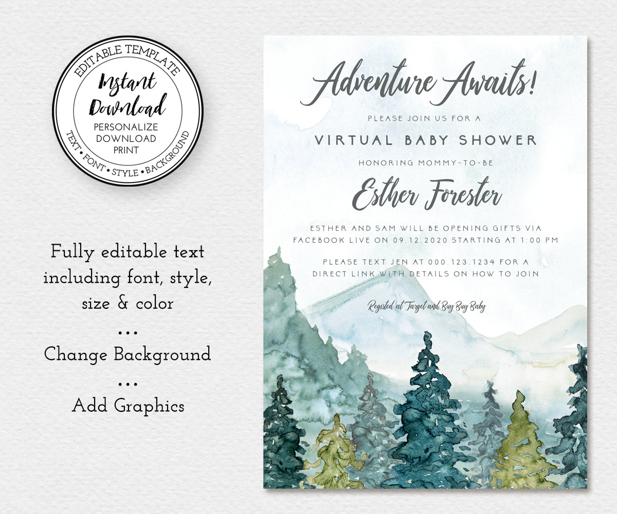 5 x 7", Adventure Virtual Baby Shower Invitation, with mountains and forest editable template.