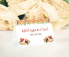 Folded buffet food card, table tent with colorful flower border, mushrooms and acorns, editable text for woodland baby shower buffet or dessert table cards