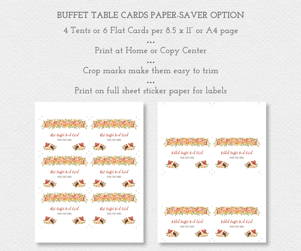 Buffet table cards are shown as apaper saver option, several cards on each 8.5 x 11" sheet, folded and flat versions, colorful flowers, acorns and mushrooms with editable text are on each food card 
