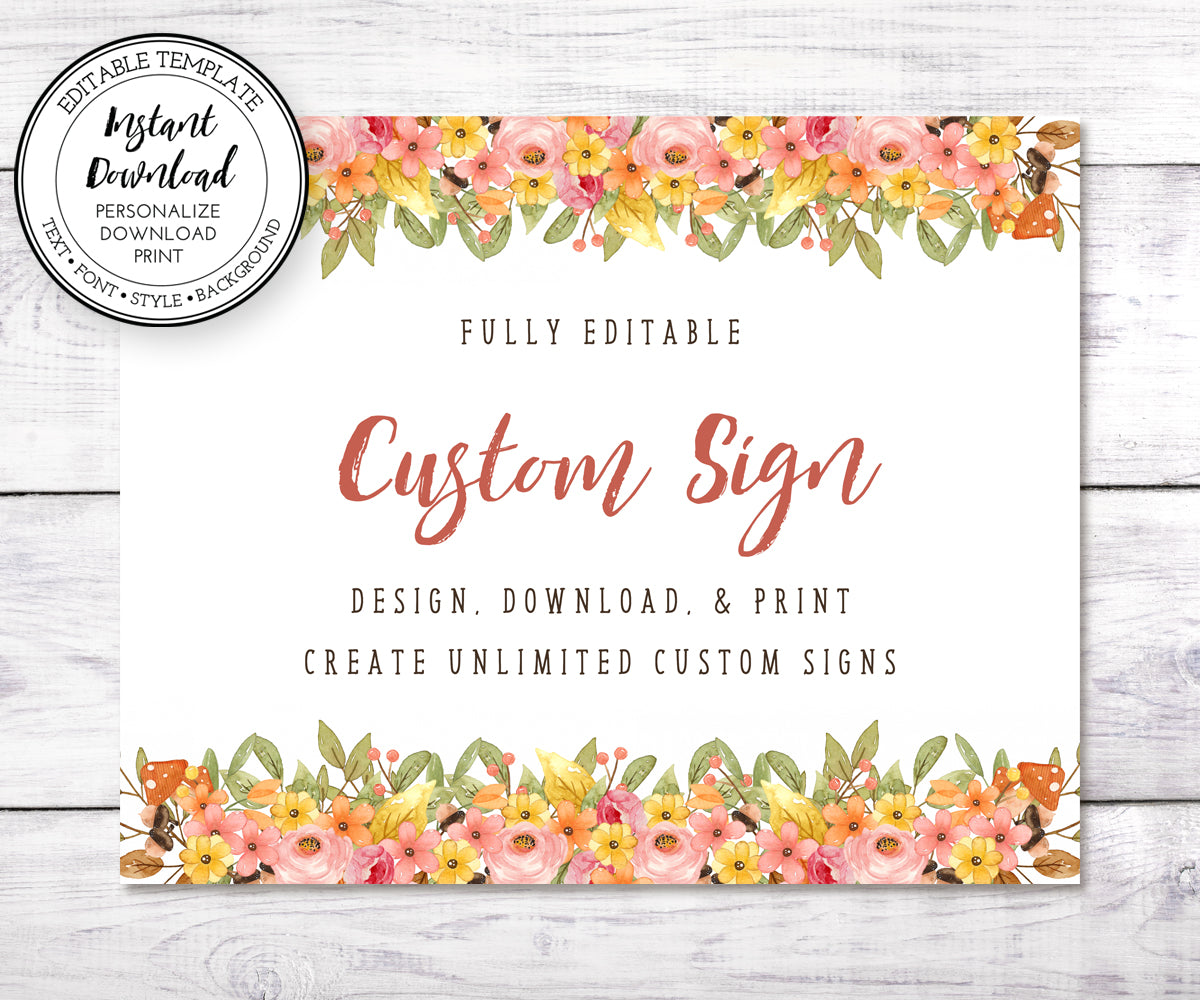 Custom baby shower sign  with editable text, woodland flower border top and bottom on 10 x 8&quot; landscape orientation sign
