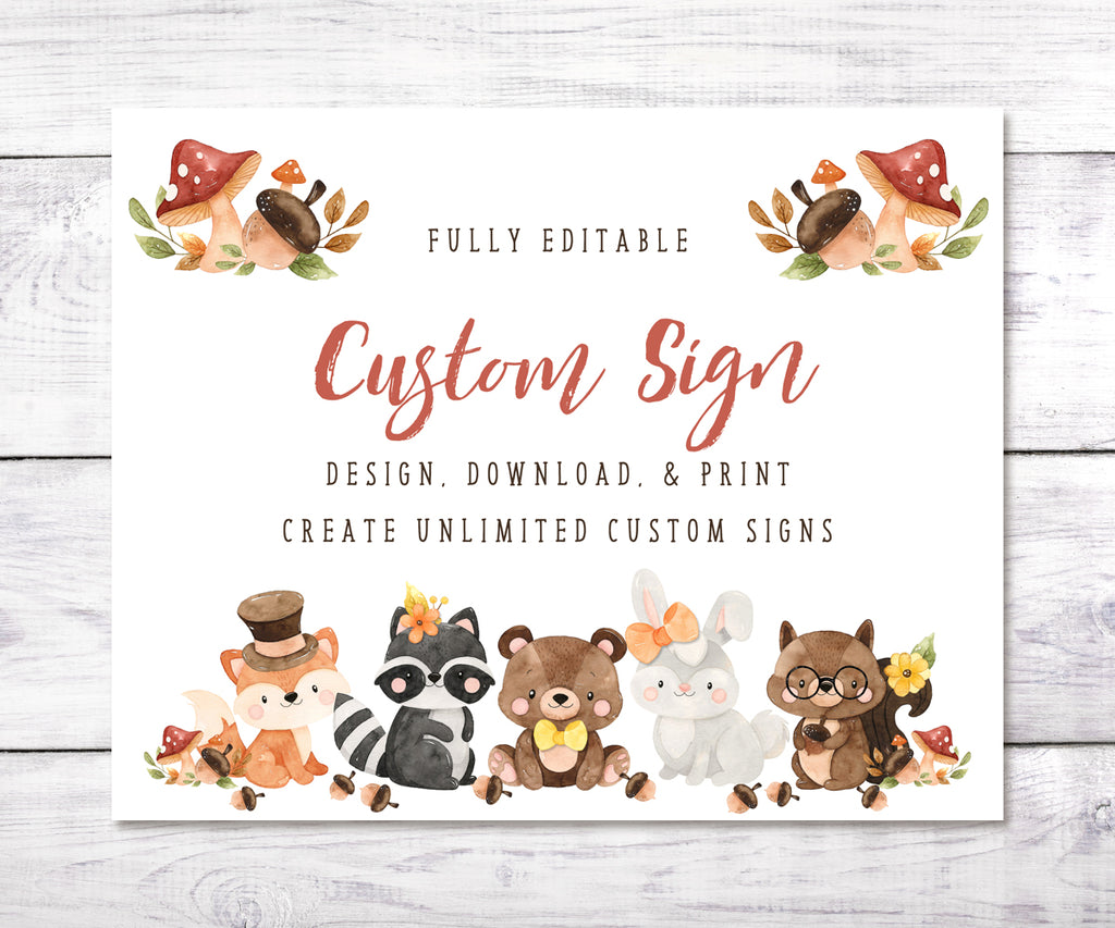 Custom baby shower sign  with editable text, woodland animals, mushrooms and acorns on 10 x 8" landscape orientation sign
