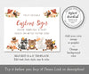 Custom baby shower sign with editable text, woodland animals, mushrooms and acorns on 10 x 8" landscape orientation sign template