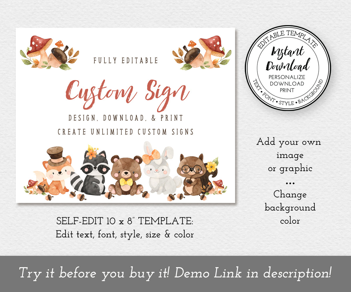 Custom baby shower sign with editable text, woodland animals, mushrooms and acorns on 10 x 8" landscape orientation sign template