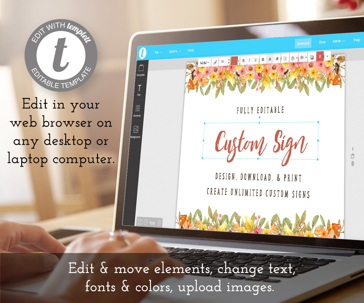 Edit your custom baby shower sign online at templett.com, Woodland custom baby shower sign has colorful flower border on top and bottom, all text is editable