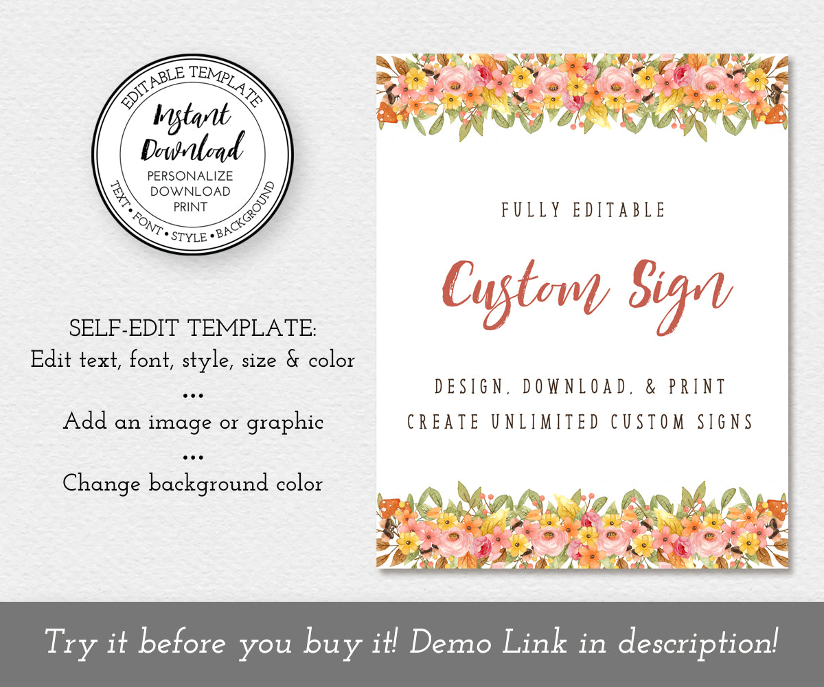 Self edit template for unlimited custom baby shower signs, woodland flowers border top and bottom of custom sign