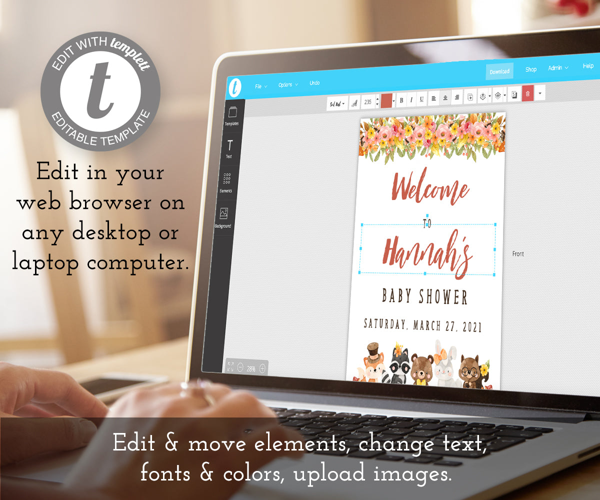 Edit your custom sign online at templett.com, custom sign had woodland flowers and woodland animals