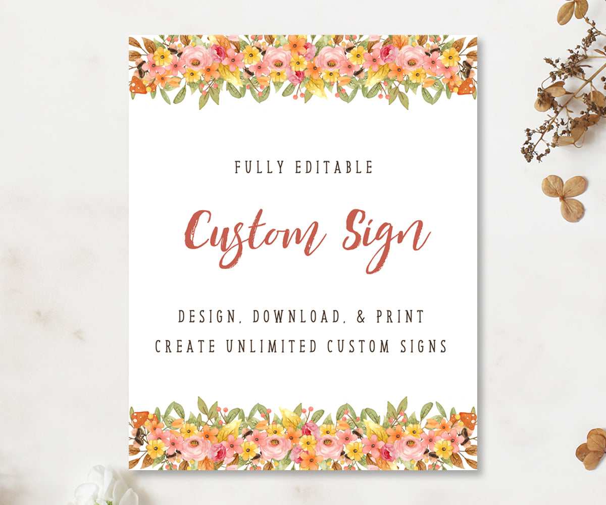 8 x 10 inch custom sign editable template for woodland baby shower signs, woodland flower and greenery border at top and bottom with text in the center