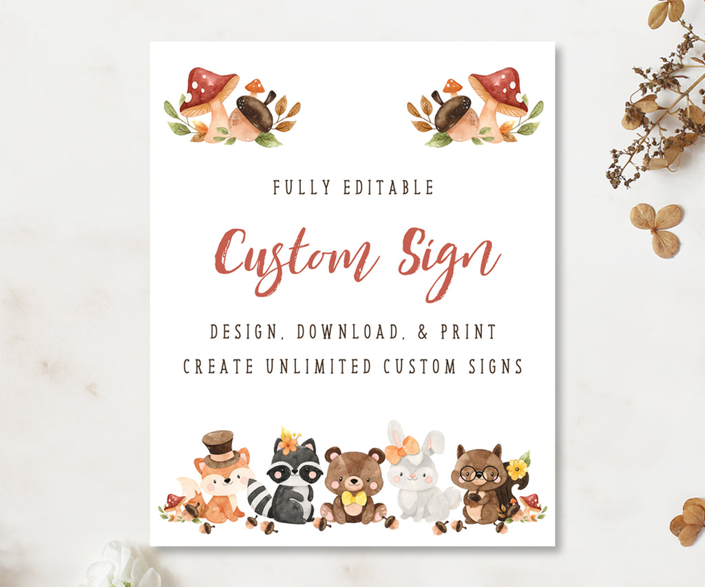 8 x 10 inch custom sign template for woodland baby shower unlimited sign creation, woodland mushrooms, acorns, cute baby woodland animals with editable text in center