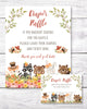 Woodland baby shower diaper raffle sign and card featuring adorable baby forest animals