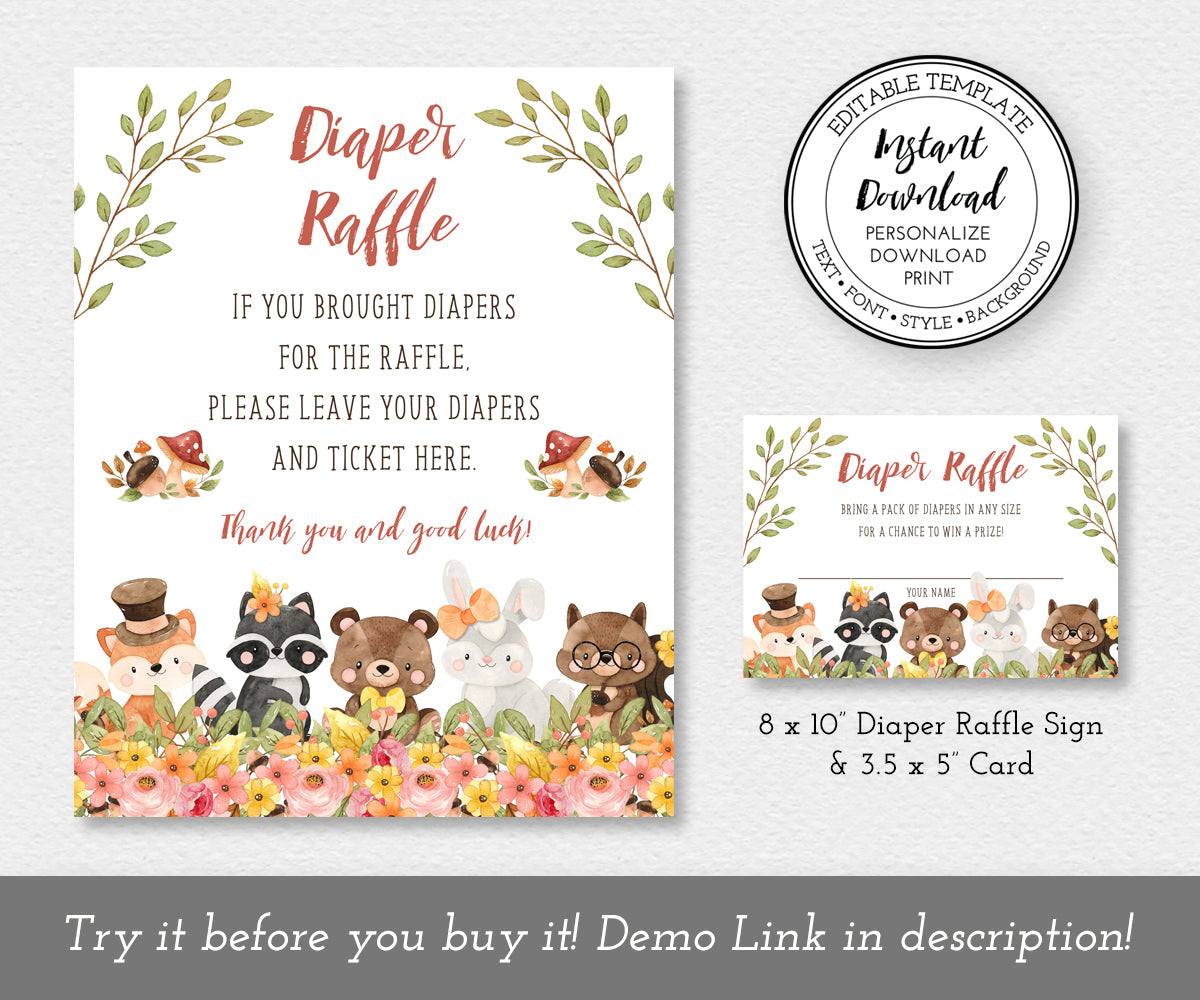 Woodland baby shower diaper raffle sign and card featuring adorable baby forest animal