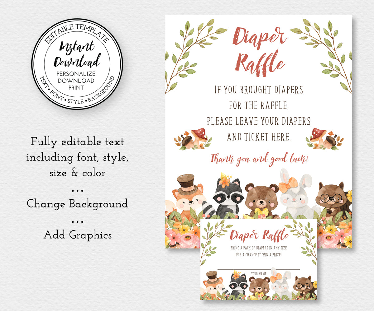 Fully Editable template, Woodland baby shower diaper raffle sign and card featuring adorable baby forest animal