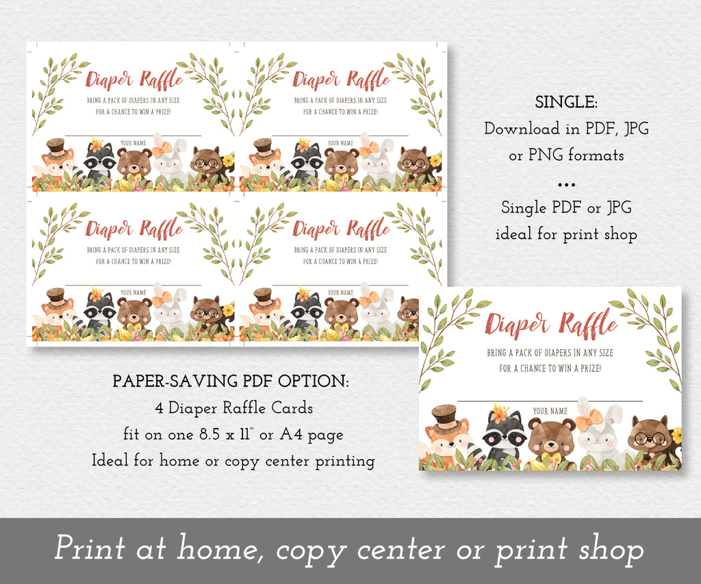 Paper saver option for Woodland baby shower diaper raffle sign and card featuring adorable baby forest animal