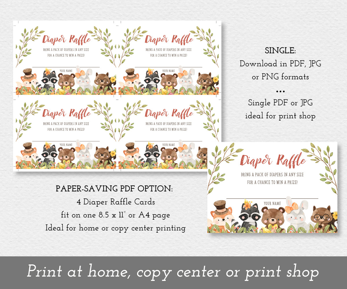 Paper saver option for Woodland baby shower diaper raffle sign and card featuring adorable baby forest animal