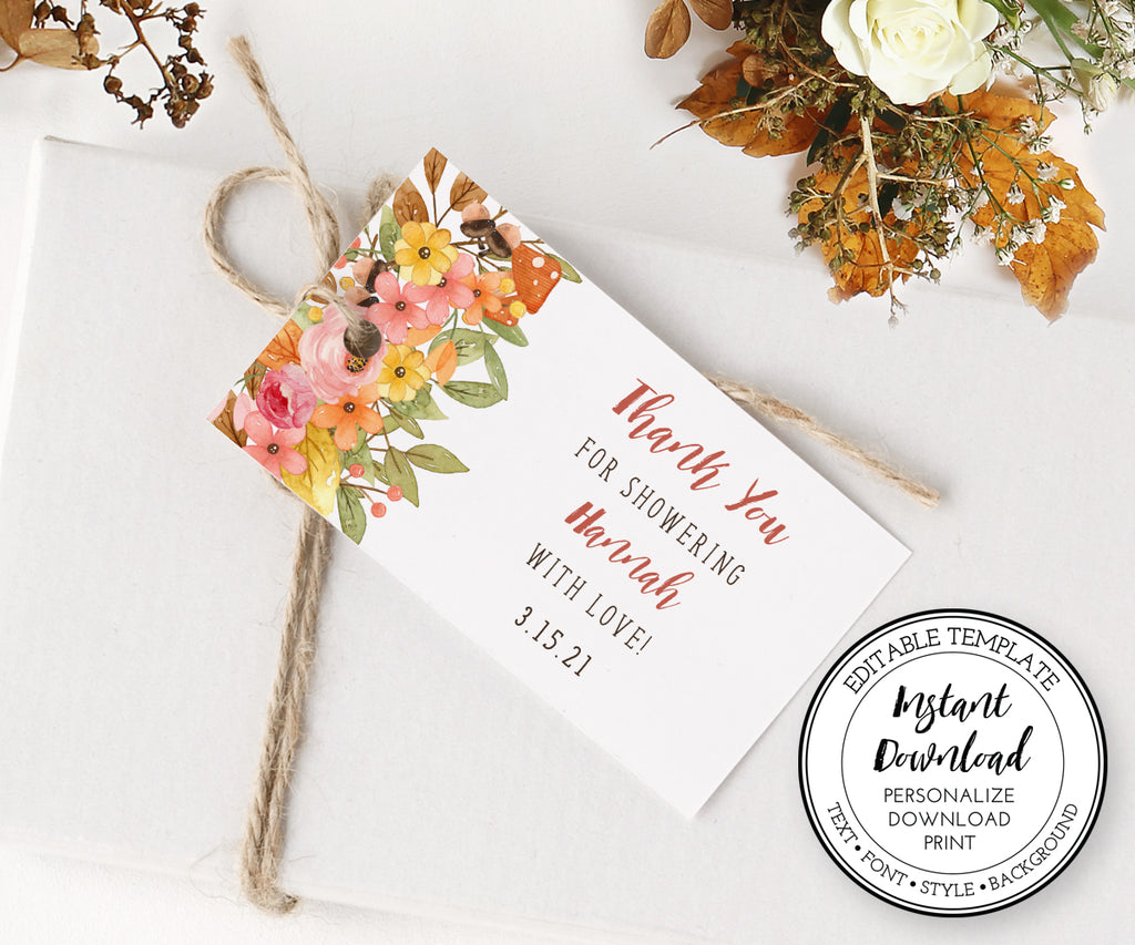 Woodland Flowers, mushrooms baby shower favor tags with rust, gold and orange flowers and greenery