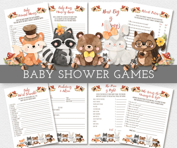 Woodland baby shower games bundle features adorable baby forest animals