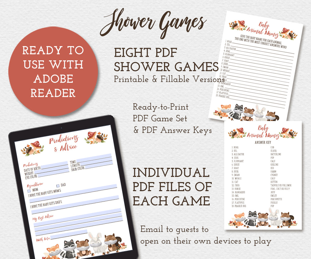 Woodland baby shower games bundle features adorable baby forest animals, Eight games, fillable and printable