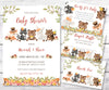 Woodland baby shower invitation template with baby forest animals, books for baby card, diaper raffle card, thank you card