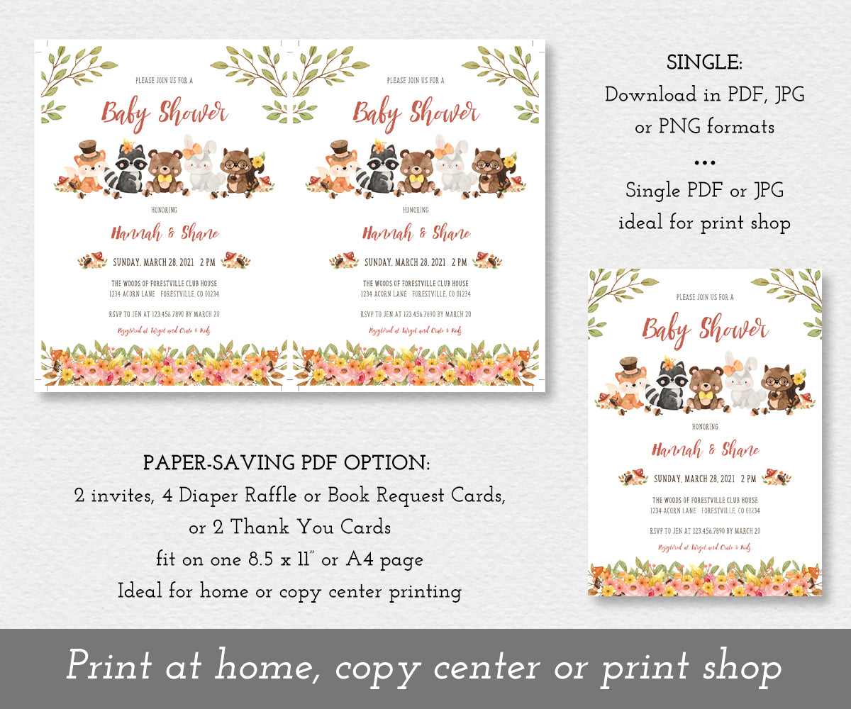 Woodland baby shower invitation paper saver option or single