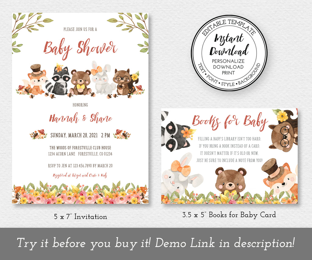 Woodland baby shower invitation and books for baby card with adorable woodland animals for a Forest theme baby shower