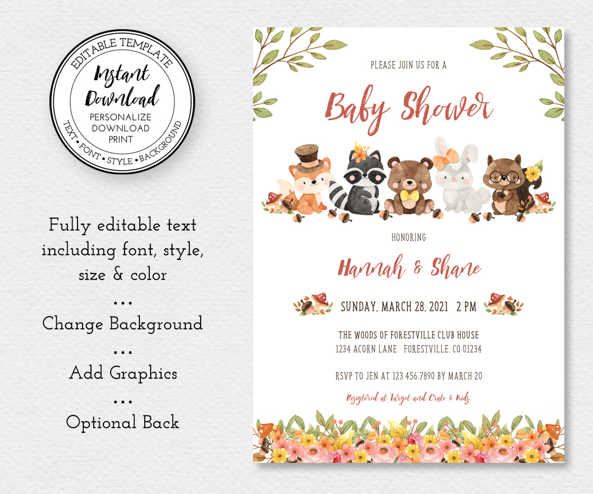 Editable forest baby shower invitation template with baby woodland animals for a woodland baby shower