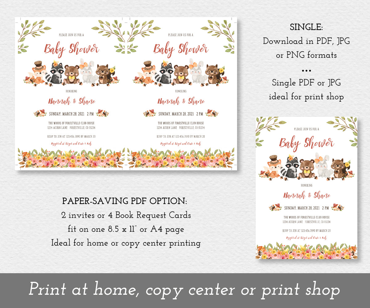 Forest or Woodland baby shower invitation paper saver option or single