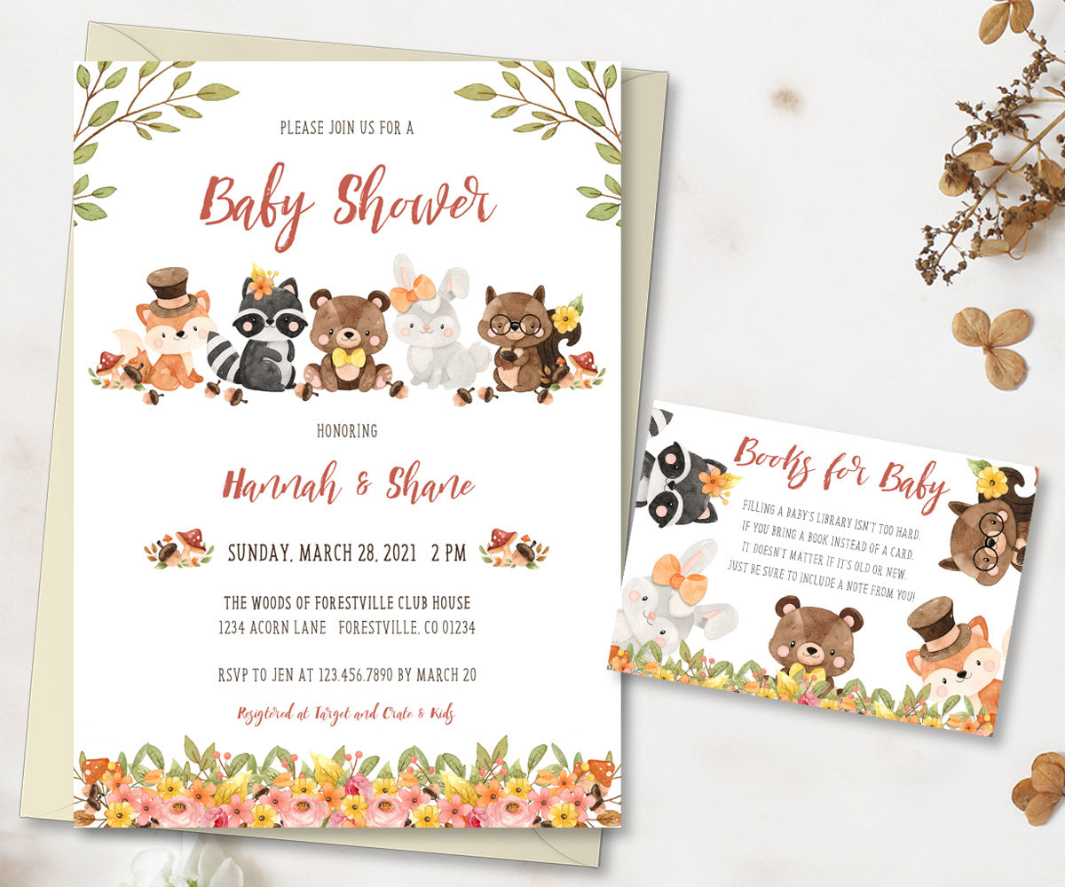 Forest Baby Shower invitation and books for baby card, baby woodland animals, forest greenery and flowers