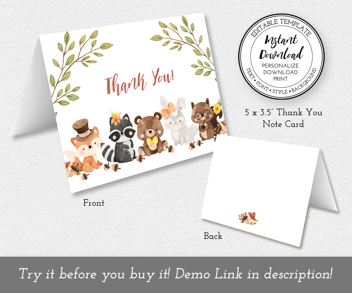 Front and back of woodland baby shower folded thank you card with adorable forest animals.
