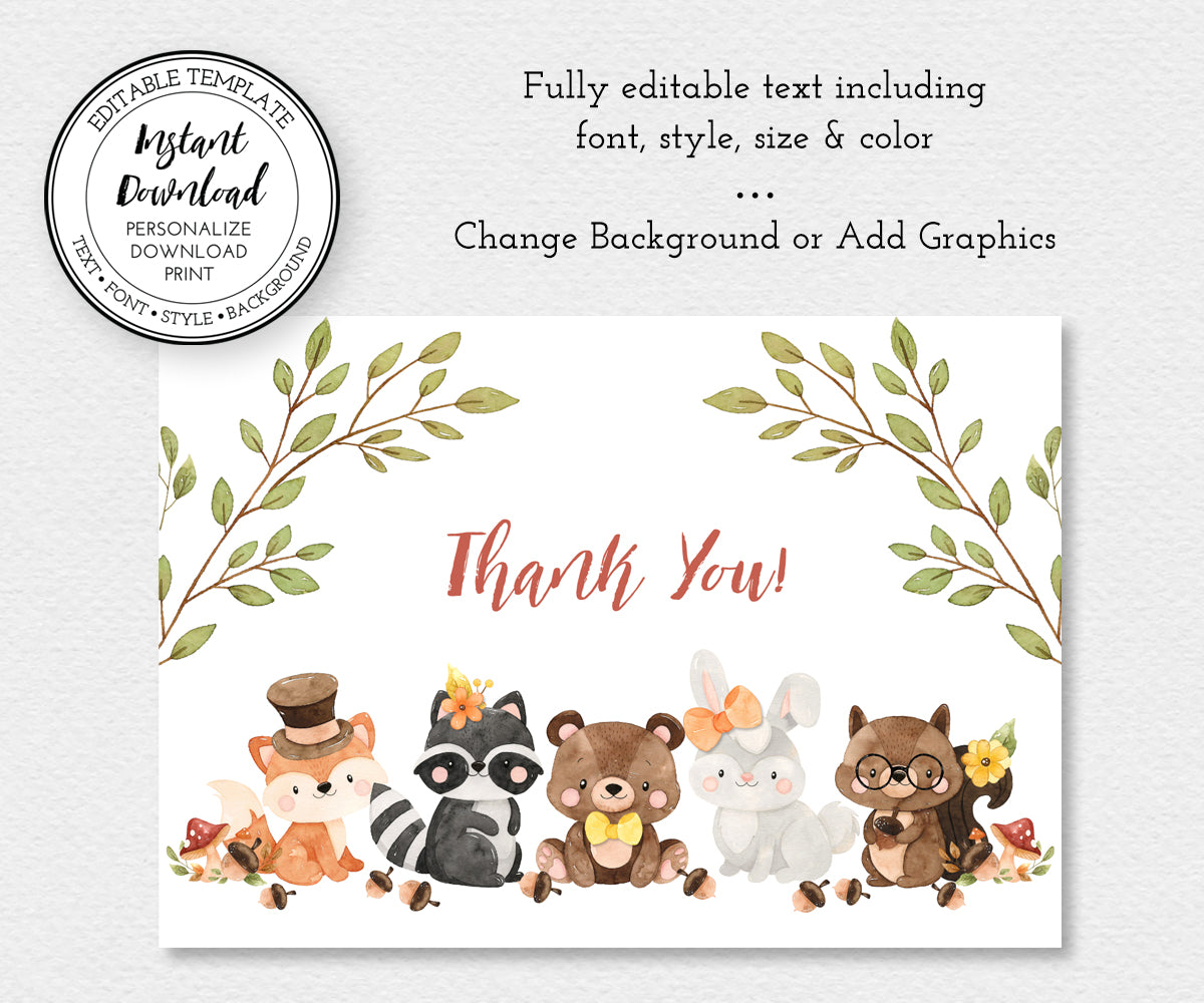 Woodland baby shower thank you card editable template with adorable forest animals.