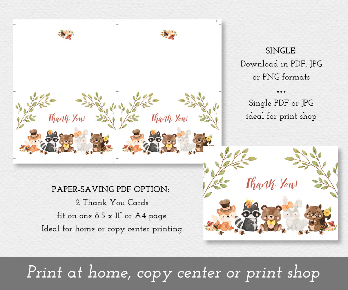 Paper saver option or single option for woodland baby shower thank you card with adorable forest animals.