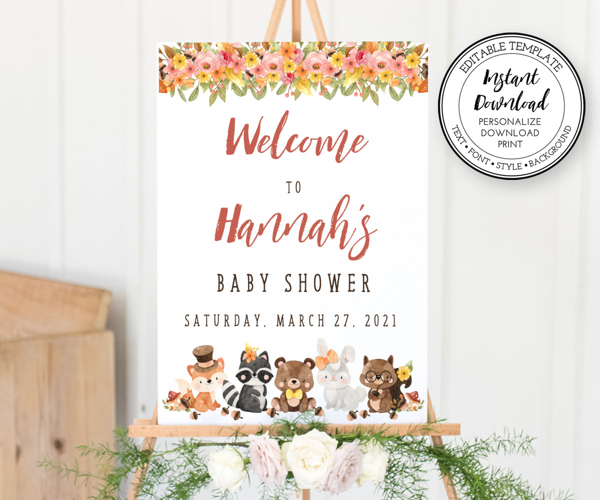 Woodland Baby Shower Welcome sign with woodland flowers in pink, orange and yellow, greenery and woodland animals, 18 x 24&quot; inch welcome sign is shown on an easel