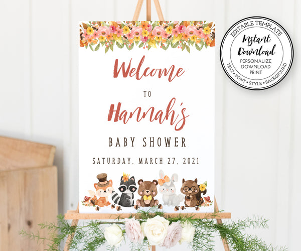 Woodland Baby Shower Welcome sign with woodland flowers in pink, orange and yellow, greenery and woodland animals, 18 x 24" inch welcome sign is shown on an easel