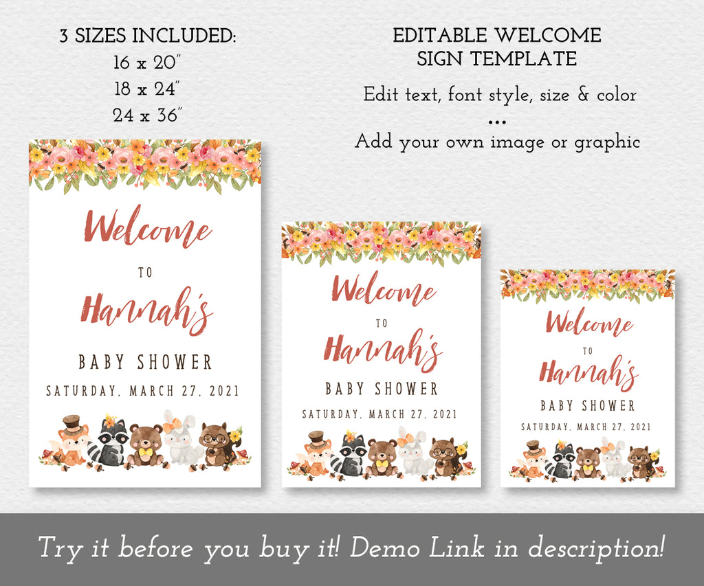 Woodland Baby Shower Welcome sign with woodland flowers in pink, orange and yellow, greenery and woodland animals, welcome sign is shown in three sizes: 16 x 20", 18 x 24" and 24 x 36"