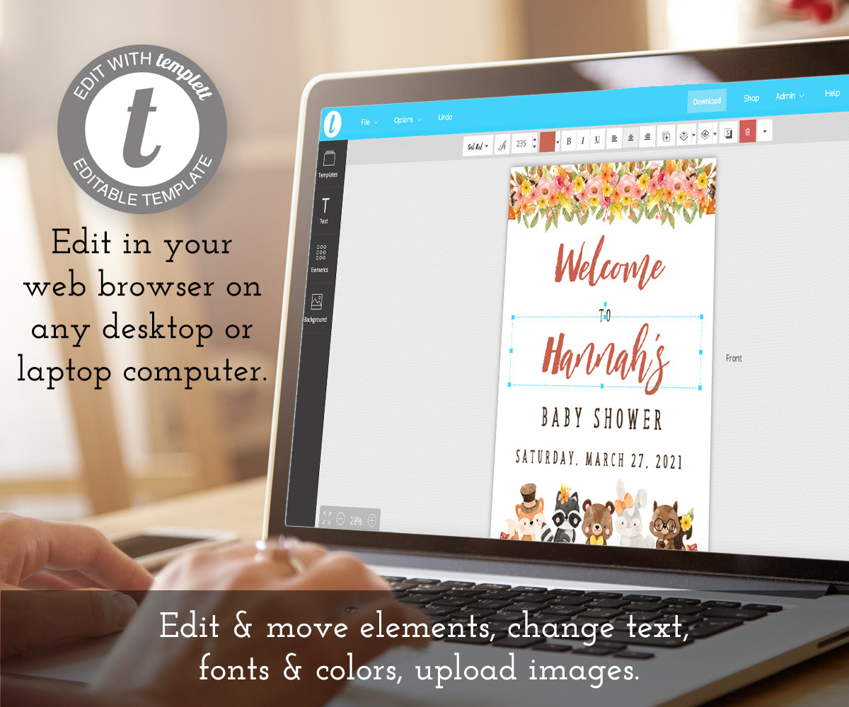 Woodland Baby Shower Welcome sign with woodland flowers in pink, orange and yellow, greenery and woodland animals, welcome sign template is shown on computer screen being edited at templett.com