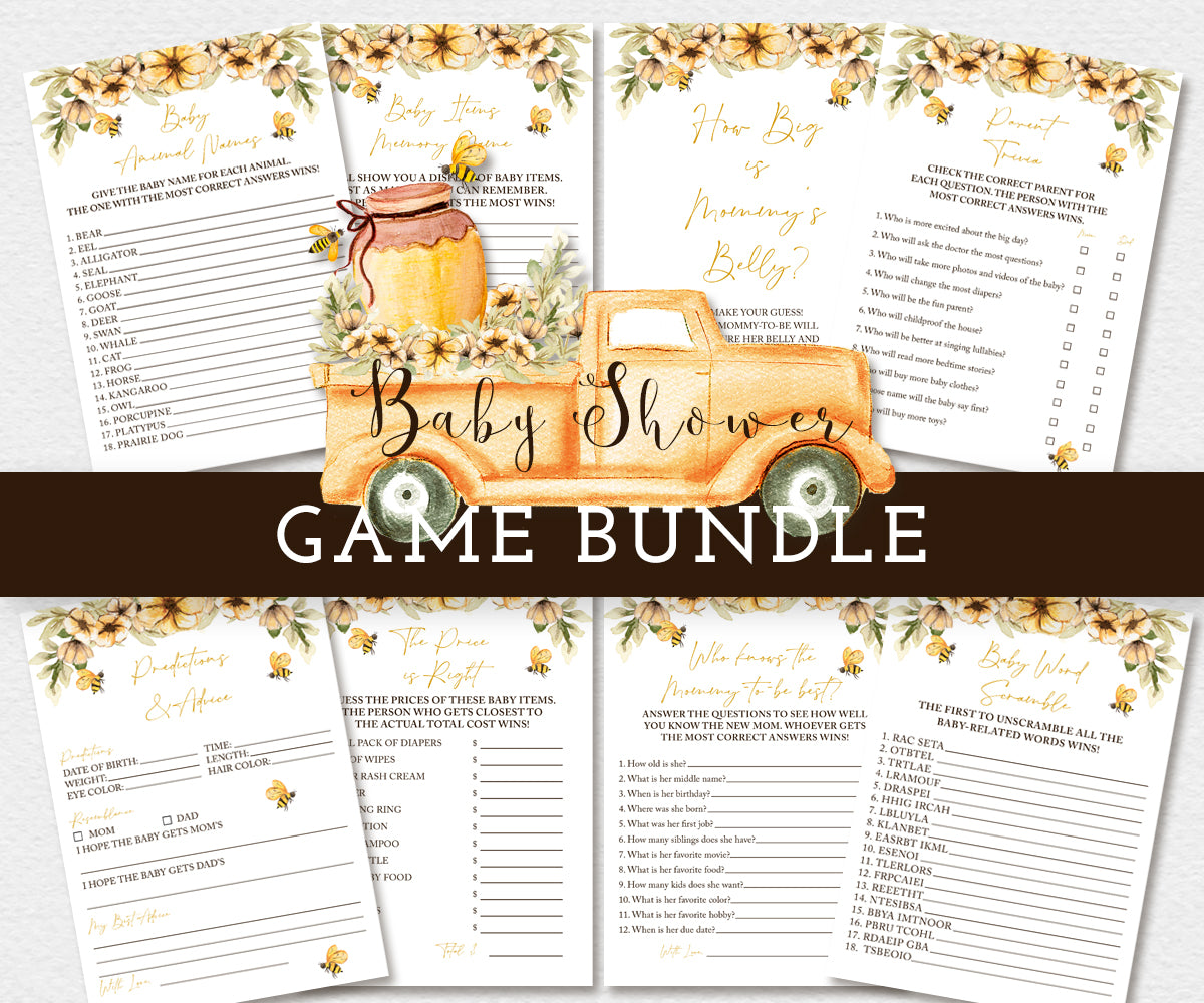 Bee Baby shower games bundle, set of 8 baby shower games