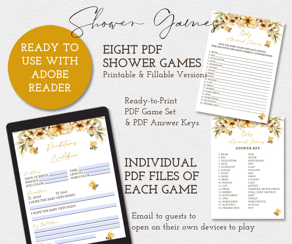 Bee baby shower, eight PDF shower games for in person or virtual baby shower