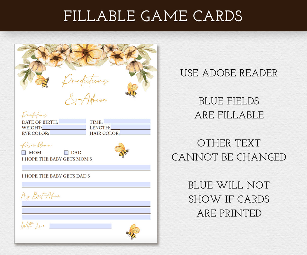 Bee Baby shower fillable game cards using adobe reader