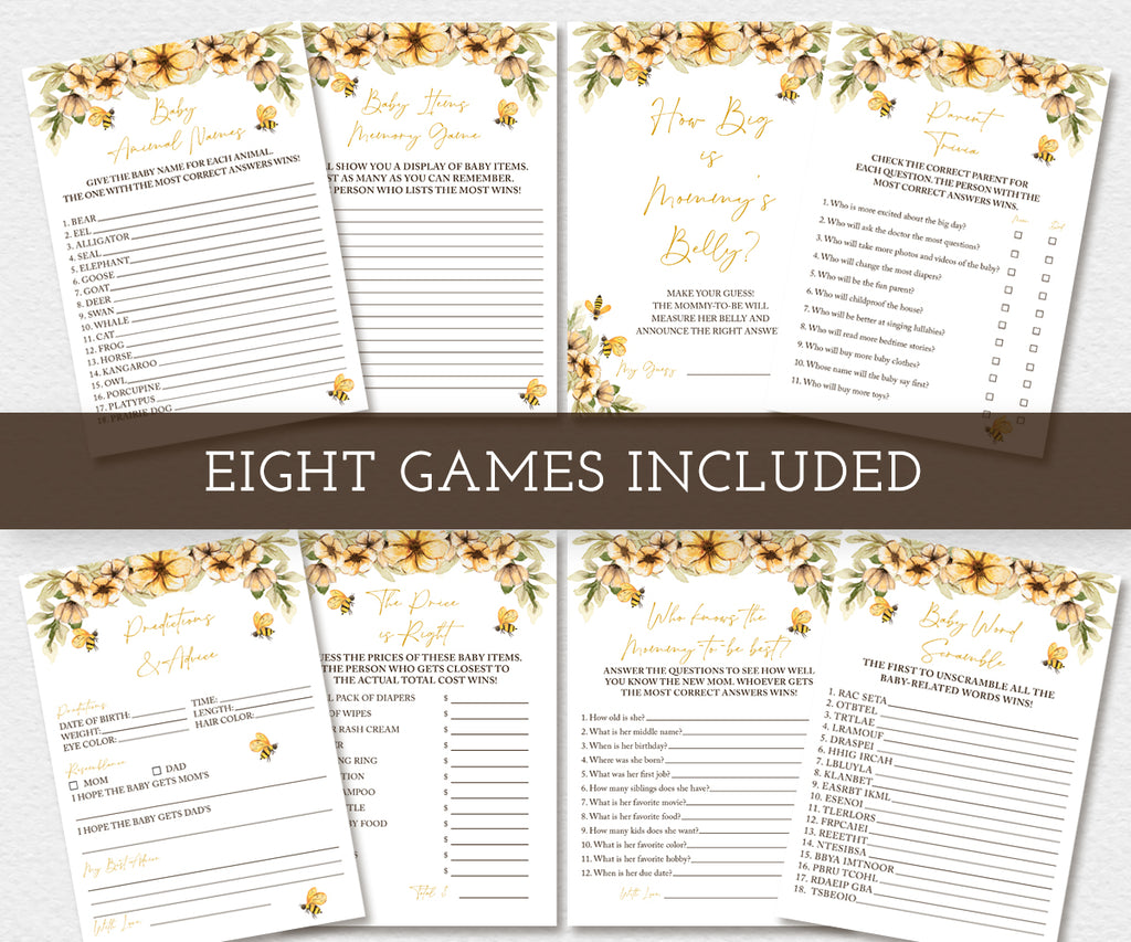 Bee Baby shower with yellow flowers and honey bees, eight games included