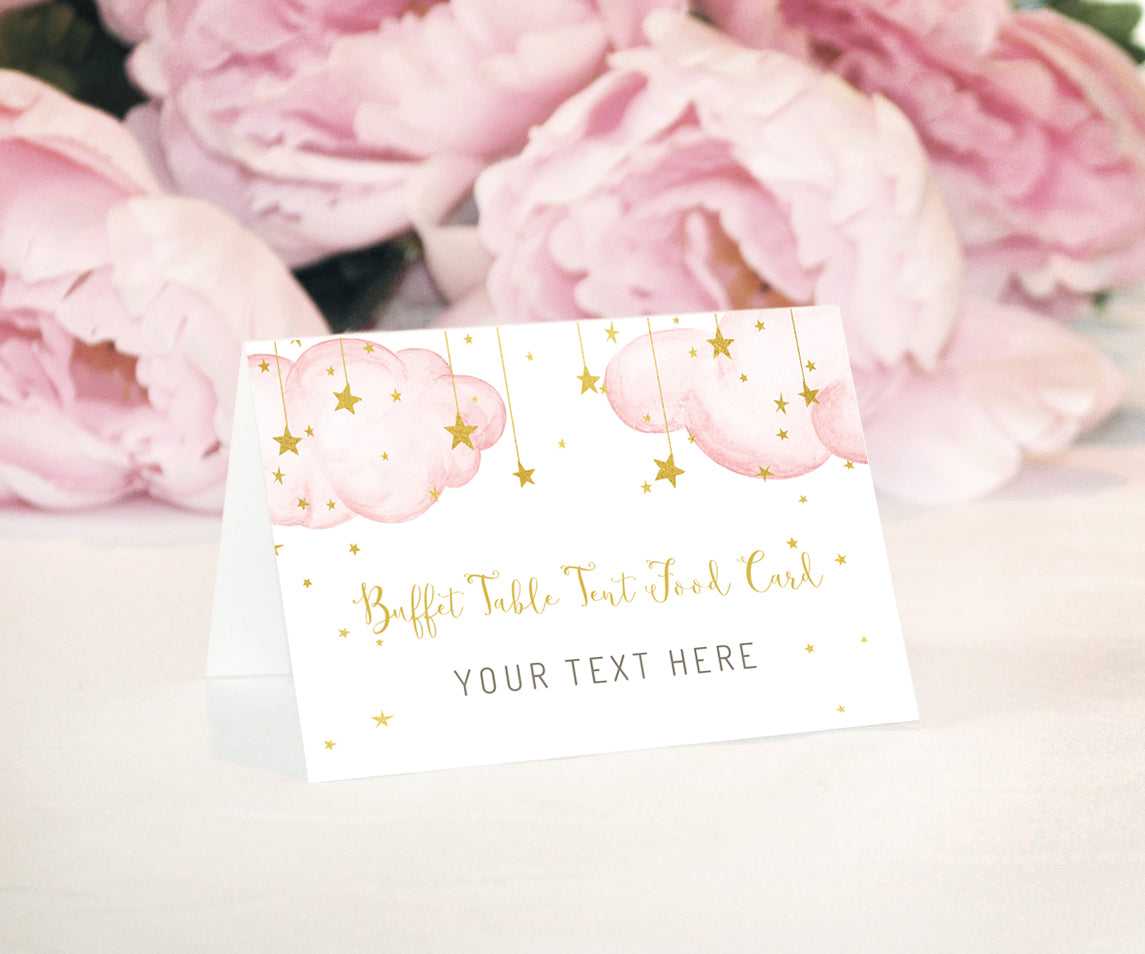 Folded Tent buffet table food cards, pink clouds with gold stars and editable text for a girl baby shower